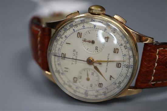 A gentlemans 1950s? 18k Titus manual wind chronograph wrist watch, on later strap, case diameter 37mm, gross 44.2 grams.